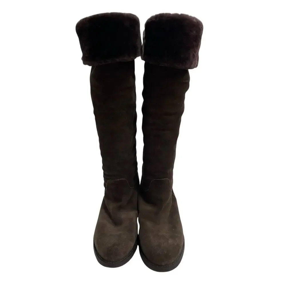 Salvatore Ferragamo Brown Suede Fur Lined Fold Over Pull On Knee Boots Womens 9